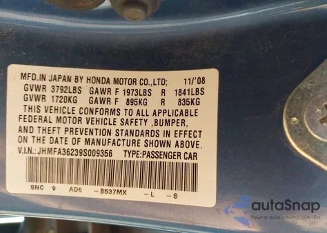 2009 Honda Civic Hybrid from USA, damaged, VIN JHMFA36239S009356
